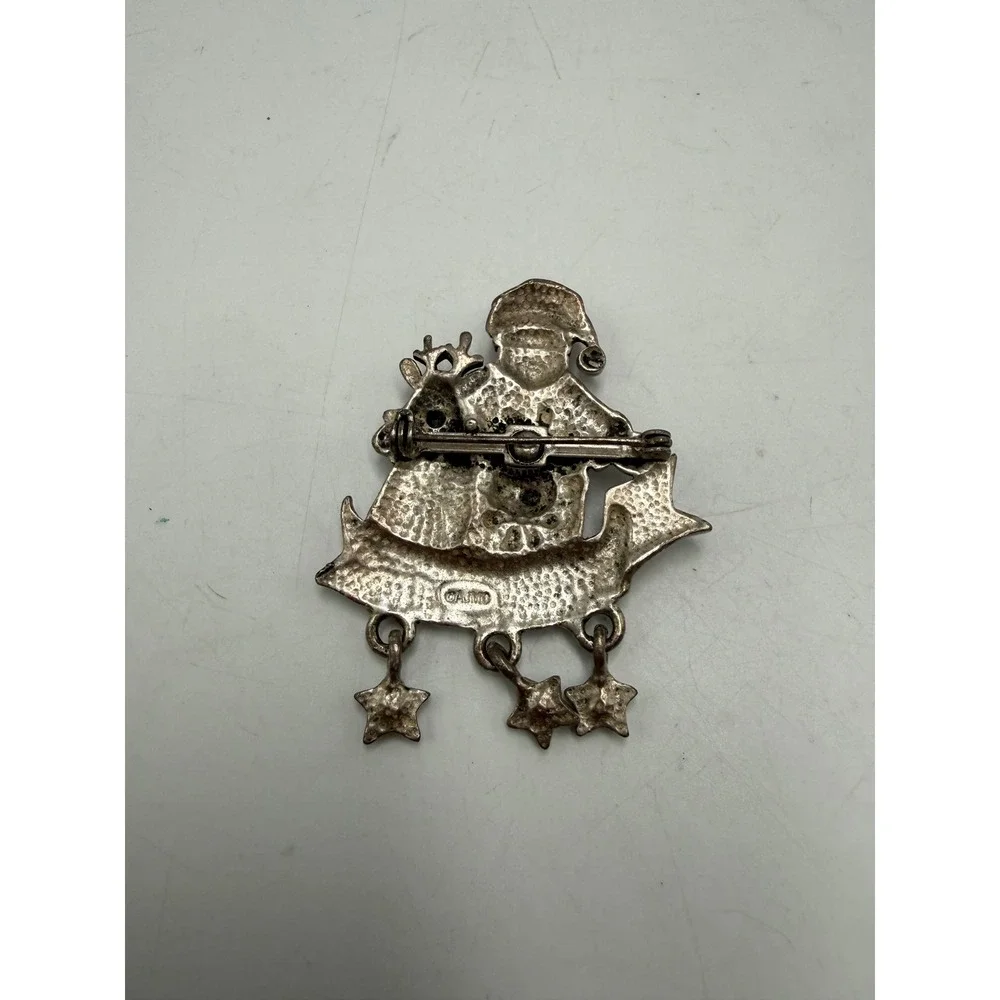 AJMC Santa Reindeer Christmas Brooch Pin Silver Tone Good Friends Banner Stars
